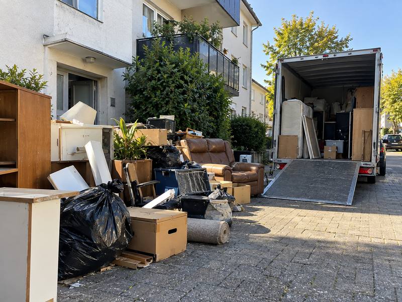Möbel und Säcke vor einem Haus, daneben ein Transporter mit Rampe
