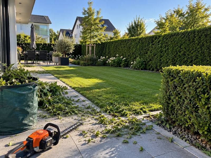 Gepflegter Garten mit frisch geschnittener Hecke und gemähtem Rasen